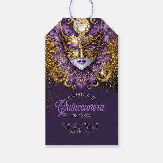 Masquerade Quinceanera Paarse Goud V2 ID1031 Cadeaulabel (Voorkant)