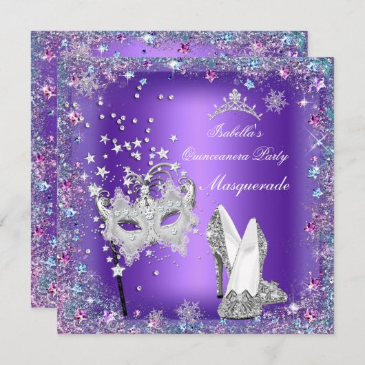 Masquerade Quinceanera Partij Masker Paars Tiara Kaart (Voorkant / Achterkant)
