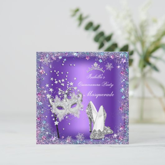 Masquerade Quinceanera Partij Masker Paars Tiara Kaart (Staand voorkant)