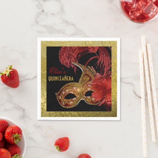 Masquerade Quinceañera partij rood, faux gouden fo Servetten (Insitu)