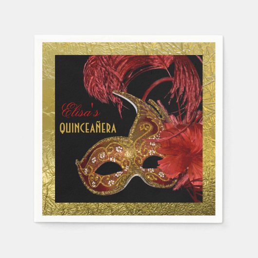 Masquerade Quinceañera partij rood, faux gouden fo Servetten (Voorkant)