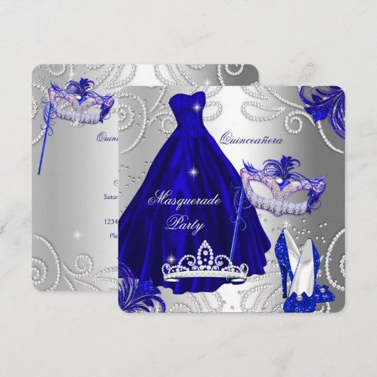 Masquerade Quinceanera Party Blue Silver Dress Kaart (Voorkant / Achterkant)