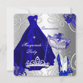 Masquerade Quinceanera Party Blue Silver Dress Kaart (Voorkant)