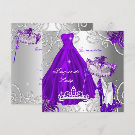 Masquerade Quinceanera Party Paarse Silver Dress Kaart (Voorkant / Achterkant)