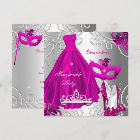 Masquerade Quinceanera Party Pink Silver Dress Kaart (Voorkant / Achterkant)