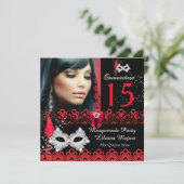 Masquerade Quinceanera Party Red Lace Kaart (Staand voorkant)
