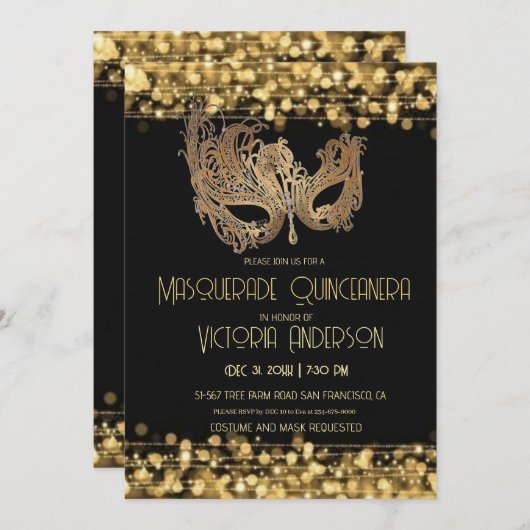 Masquerade Quinceanera Party Verjaardag Goud Zwart Kaart (Voorkant / Achterkant)
