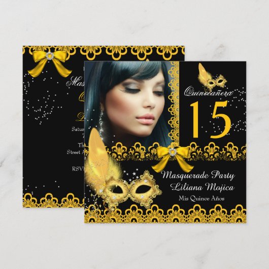 Masquerade Quinceanera Party Yellow Gold Lace Kaart (Voorkant / Achterkant)