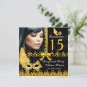 Masquerade Quinceanera Party Yellow Gold Lace Kaart (Staand voorkant)
