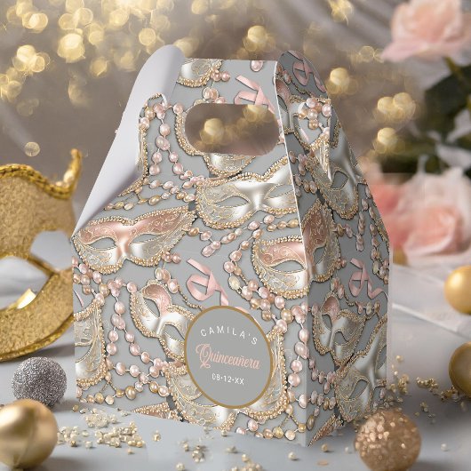 Masquerade Quinceanera Patroon Roos Goud ID1031 Bedankdoosjes