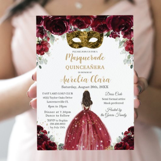 Masquerade Quinceañera Rich Bourgondië Rode Bloeme Kaart