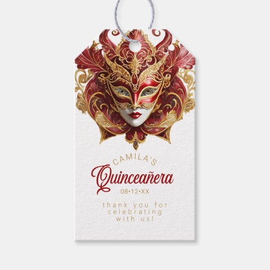 Masquerade Quinceanera rood goud ID1031 Cadeaulabel (Voorkant)