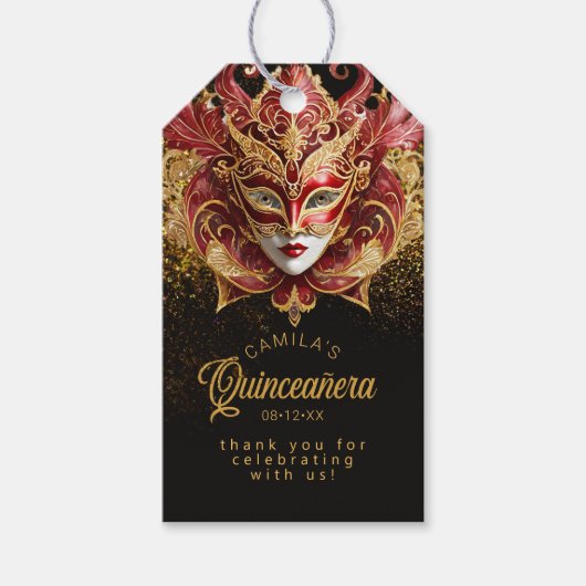 Masquerade Quinceanera Rood Goud V2 ID1031 Cadeaut Cadeaulabel (Voorkant)