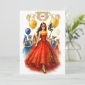 Masquerade Quinceañera Ruby Red Gold Ball Gown Kaart (Staand voorkant)