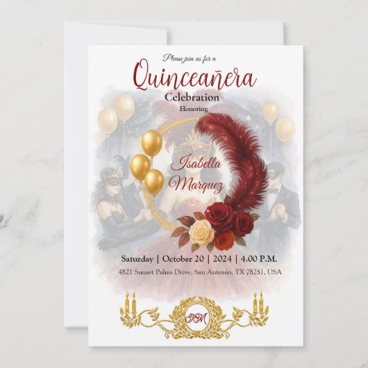 Masquerade Quinceañera Ruby Red Gold Ball Gown Kaart (Achterkant)