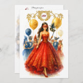 Masquerade Quinceañera Ruby Red Gold Ball Gown Kaart (Voorkant / Achterkant)