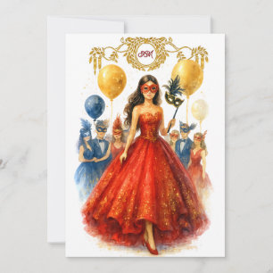 Masquerade Quinceañera Ruby Red Gold Ball Gown Kaart