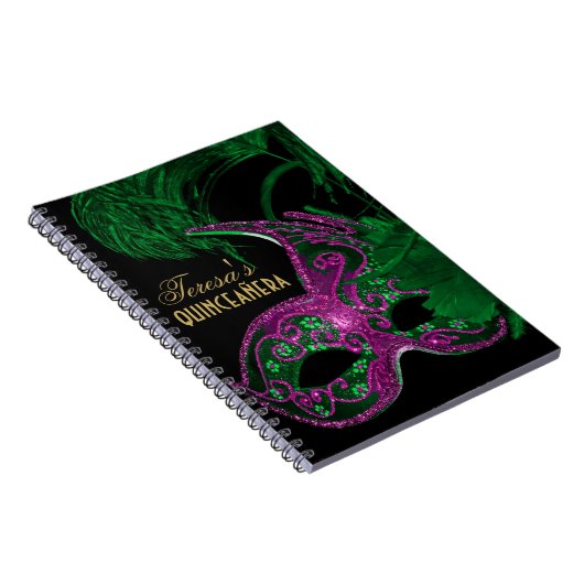 Masquerade quinceañera verjaardag groen, roze mask notitieboek (Rechterzijde)