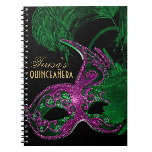 Masquerade quinceañera verjaardag groen, roze mask notitieboek (Voorkant)