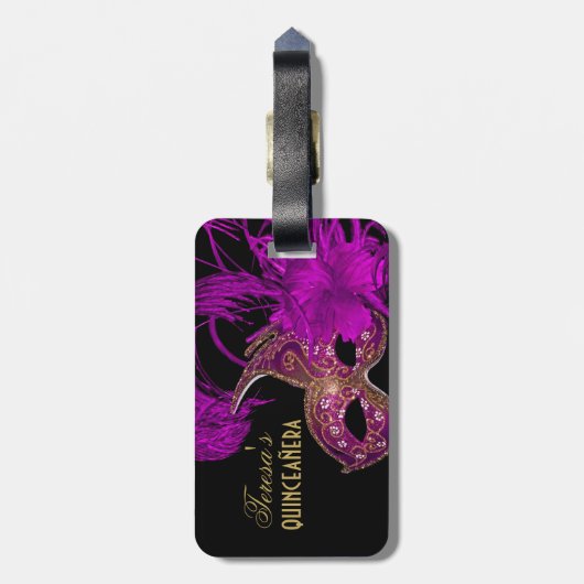 Masquerade quinceañera vijftiende verjaardag paars bagagelabel (Achterkant verticaal)