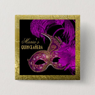 Masquerade quinceañera vijftiende verjaardag paars vierkante button 5,1 cm