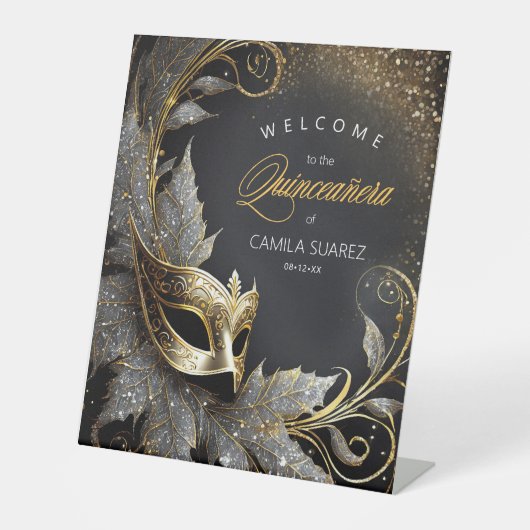 Masquerade Quinceañera Welkom Zwart Goud ID1031 Reclamebord Met Voetstuk (Voorkant)