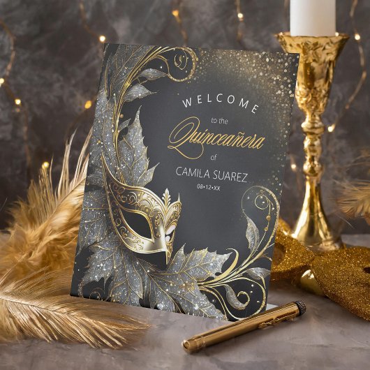 Masquerade Quinceañera Welkom Zwart Goud ID1031 Reclamebord Met Voetstuk