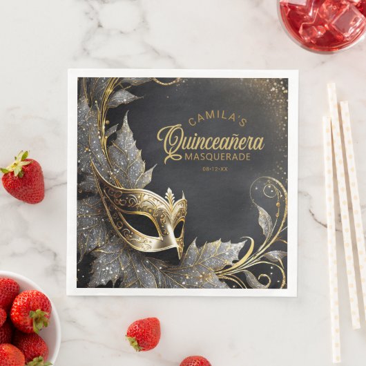 Masquerade Quinceañera Welkom Zwart Goud ID1031 Servet (Insitu)