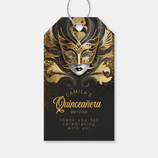 Masquerade Quinceanera Zwart Goud V2 ID1031 Cadeaulabel (Voorkant)