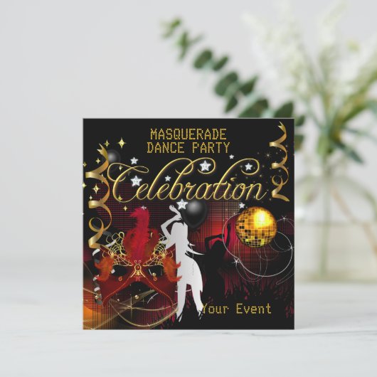 MASQUERADE Red Gold Dance Party Disco Ball Kaart (Staand voorkant)