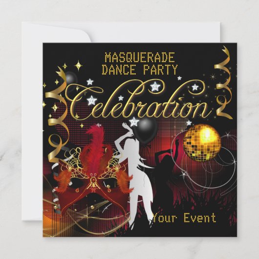 MASQUERADE Red Gold Dance Party Disco Ball Kaart (Voorkant)