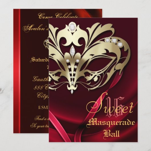 Masquerade Red Jeweled Sweet 16 Uitnodiging (Voorkant / Achterkant)