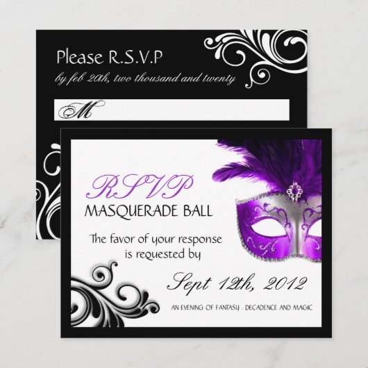 Masquerade Reply Cards RSVP Kaartje (Voorkant / Achterkant)