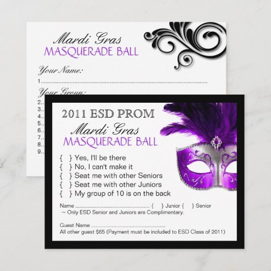 Masquerade Reply Cards RSVP Kaartje (Voorkant / Achterkant)