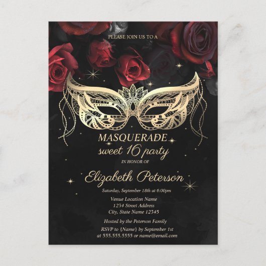 Masquerade Rode Rozen Gotisch Zoet 16 Uitnodiging Briefkaart (Voorkant)