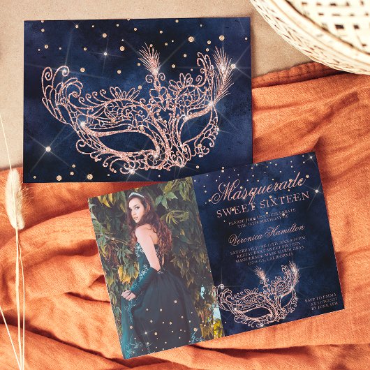 Masquerade roos Gold glitter Sweet 16 foto Kaart