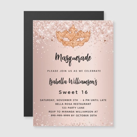 Masquerade roos gold glitter Sweet 16 luxe Magnetische Uitnodiging (Voorkant / Achterkant)
