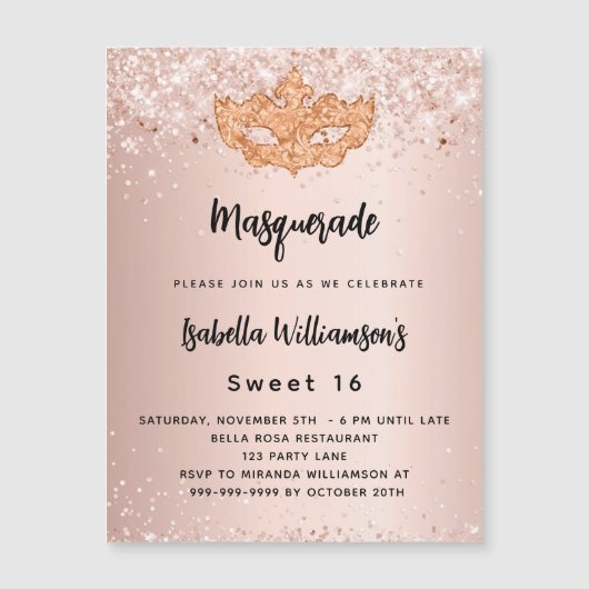 Masquerade roos gold glitter Sweet 16 luxe Magnetische Uitnodiging (Voorkant)