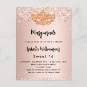 Masquerade roos gold glitter Sweet 16 party Uitnodiging Briefkaart (Voorkant)