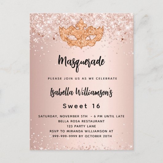 Masquerade roos gold glitter Sweet 16 party Uitnodiging Briefkaart (Voorkant)