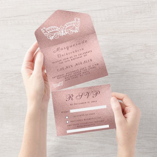 Masquerade Roos Gold Pink Quinceanera All In One Uitnodiging (Afscheurbaar)