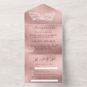 Masquerade Roos Gold Pink Quinceanera All In One Uitnodiging (Binnen)