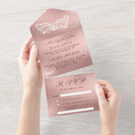 Masquerade Roos Gold Pink Quinceanera All In One Uitnodiging