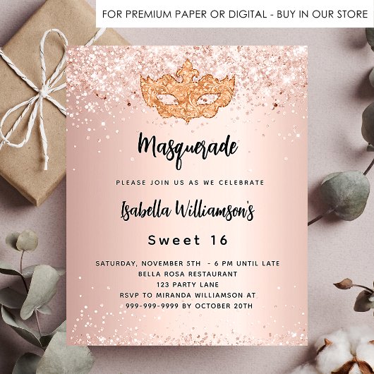 Masquerade roos gold Sweet 16 budget uitnodiging Flyer