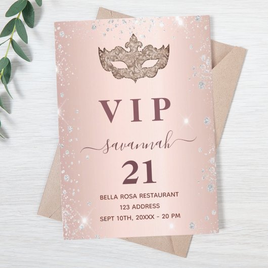 Masquerade roos gold zilverglitter vip uitnodiging