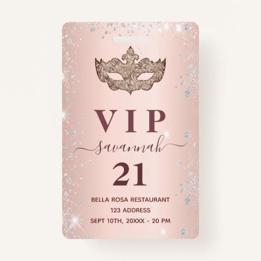 Masquerade roos gold zilverglitter vip uitnodiging badge (Voorkant)