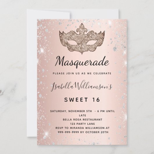 Masquerade roos Gold zilverglitterstof Sweet 16 Kaart (Voorkant)