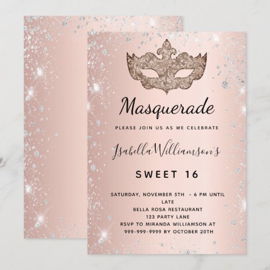 Masquerade roos Gold zilverglitterstof Sweet 16 Kaart (Voorkant / Achterkant)