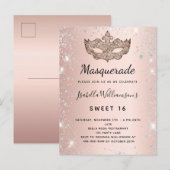 Masquerade roos Gold zilverglitterstof Sweet 16 Uitnodiging Briefkaart (Voorkant / Achterkant)