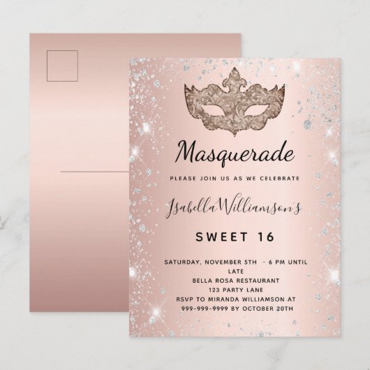 Masquerade roos Gold zilverglitterstof Sweet 16 Uitnodiging Briefkaart (Voorkant / Achterkant)
